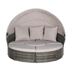 Ensemble de conversation d'extérieur en résine tressée 5 pièces avec auvent rétractable, coussins moelleux et table de rangement