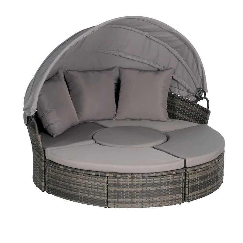 Ensemble de conversation d'extérieur en résine tressée 5 pièces avec auvent rétractable, coussins moelleux et table de rangement