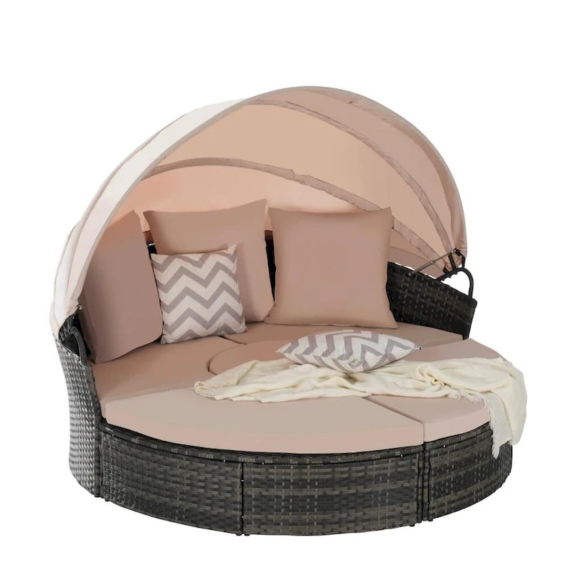 Ensemble de conversation d'extérieur en résine tressée 5 pièces avec auvent rétractable, coussins moelleux et table de rangement