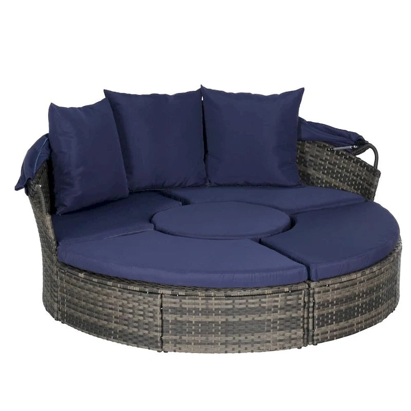 Ensemble de conversation d'extérieur en résine tressée 5 pièces avec auvent rétractable, coussins moelleux et table de rangement