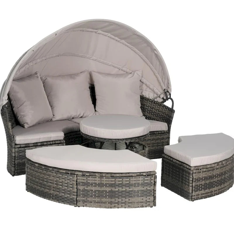 Ensemble de conversation d'extérieur en résine tressée 5 pièces avec auvent rétractable, coussins moelleux et table de rangement