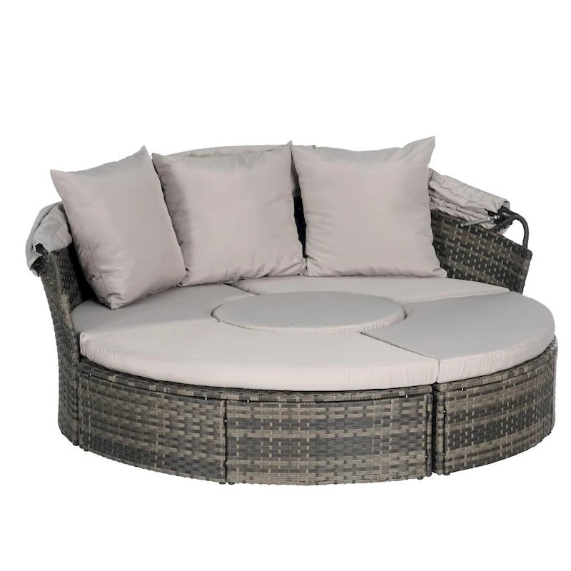 Ensemble de conversation d'extérieur en résine tressée 5 pièces avec auvent rétractable, coussins moelleux et table de rangement