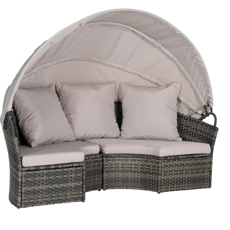 Ensemble de conversation d'extérieur en résine tressée 5 pièces avec auvent rétractable, coussins moelleux et table de rangement