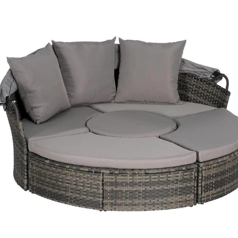 Ensemble de conversation d'extérieur en résine tressée 5 pièces avec auvent rétractable, coussins moelleux et table de rangement