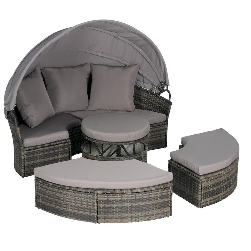 Ensemble de conversation d'extérieur en résine tressée 5 pièces avec auvent rétractable, coussins moelleux et table de rangement