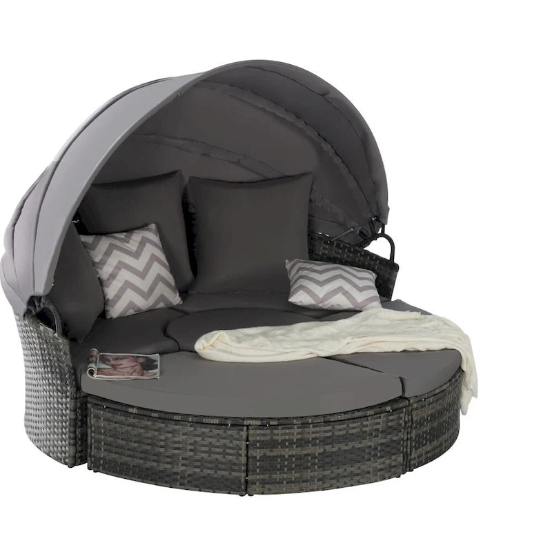 Ensemble de conversation d'extérieur en résine tressée 5 pièces avec auvent rétractable, coussins moelleux et table de rangement