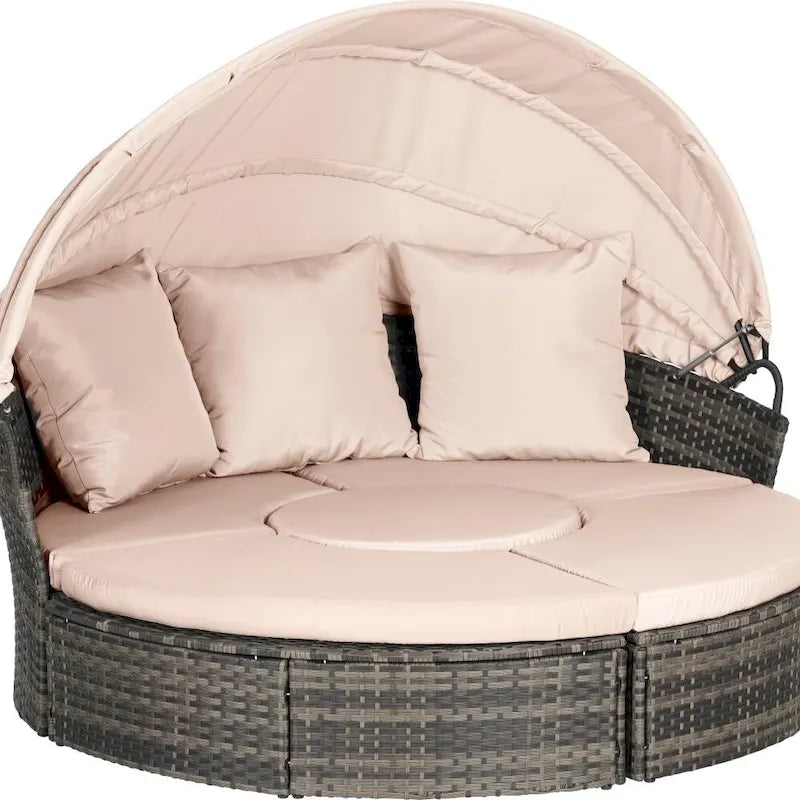 Ensemble de conversation d'extérieur en résine tressée 5 pièces avec auvent rétractable, coussins moelleux et table de rangement