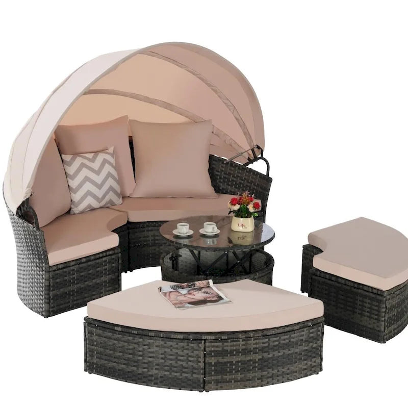 Ensemble de conversation d'extérieur en résine tressée 5 pièces avec auvent rétractable, coussins moelleux et table de rangement