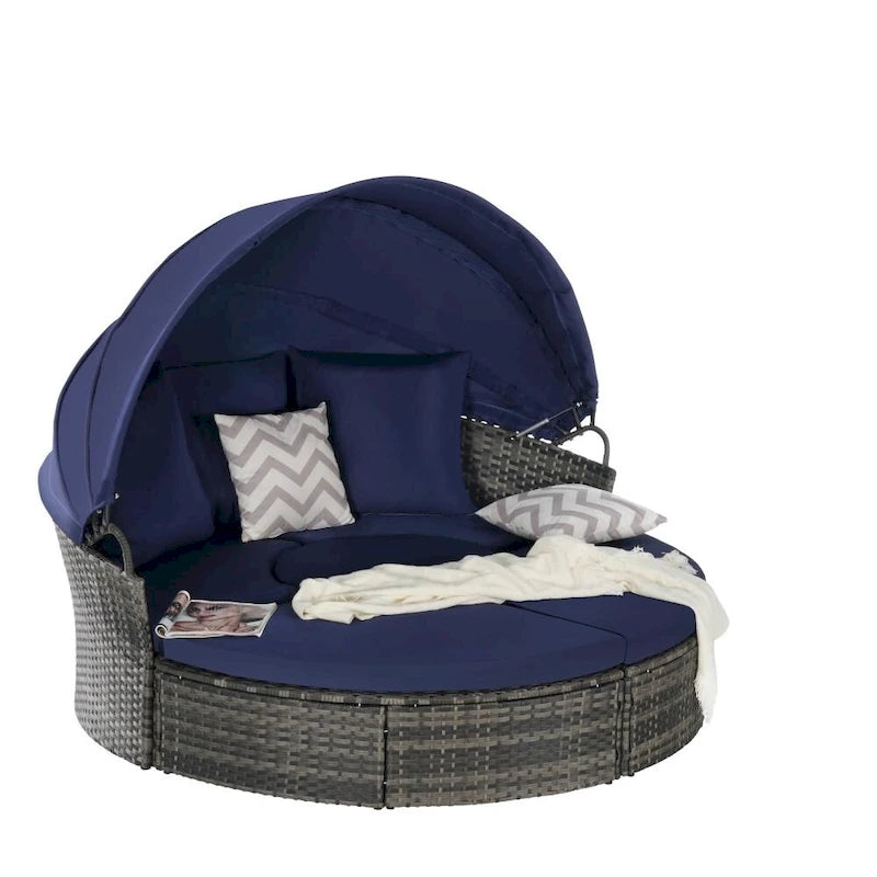 Ensemble de conversation d'extérieur en résine tressée 5 pièces avec auvent rétractable, coussins moelleux et table de rangement