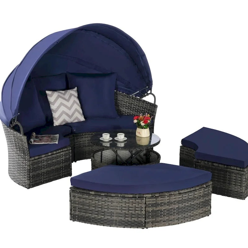 Ensemble de conversation d'extérieur en résine tressée 5 pièces avec auvent rétractable, coussins moelleux et table de rangement