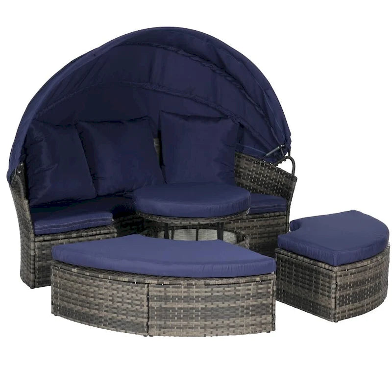 Ensemble de conversation d'extérieur en résine tressée 5 pièces avec auvent rétractable, coussins moelleux et table de rangement