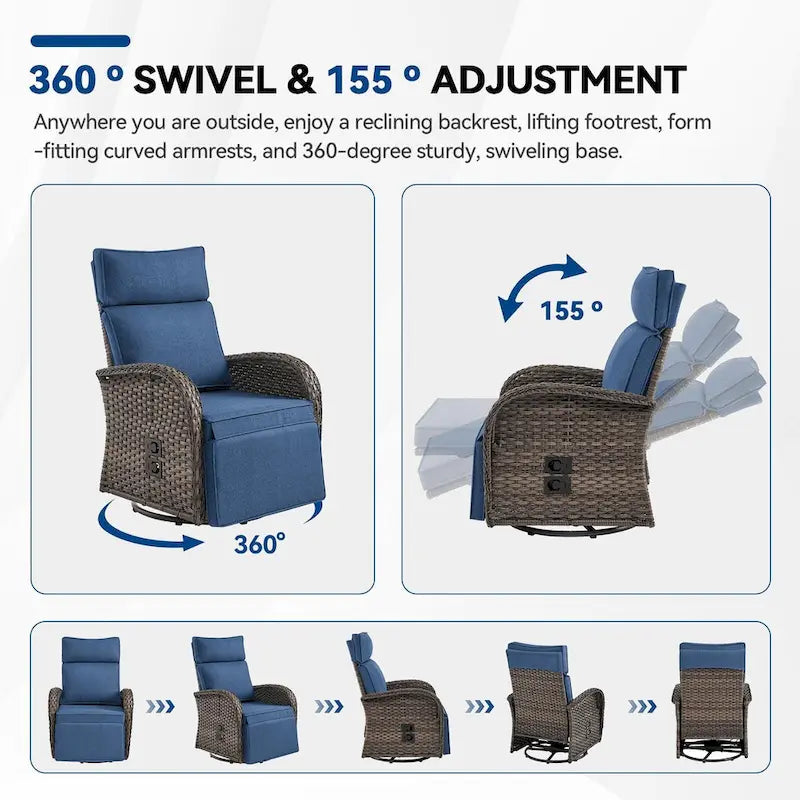 Ensemble de 4 fauteuils inclinables d'extérieur polyvalents Pocassy avec coussin bleu