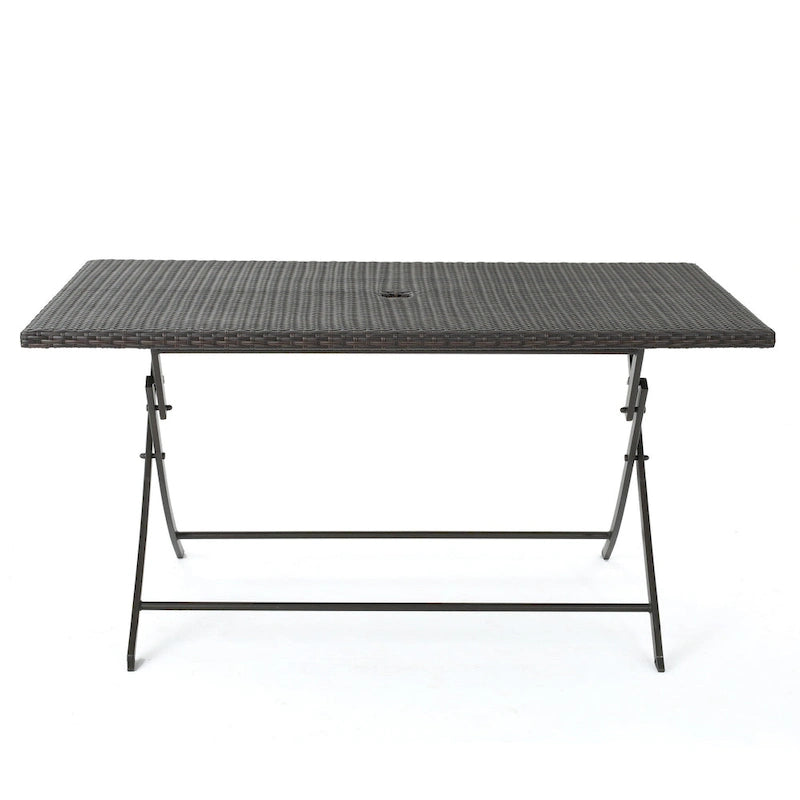 Table de salle à manger rectangulaire pliante d'extérieur, 150 cm, en fer et résine tressée multicolore.