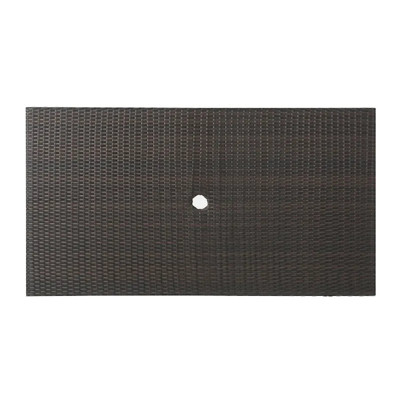 Table de salle à manger rectangulaire pliante d'extérieur, 150 cm, en fer et résine tressée multicolore.