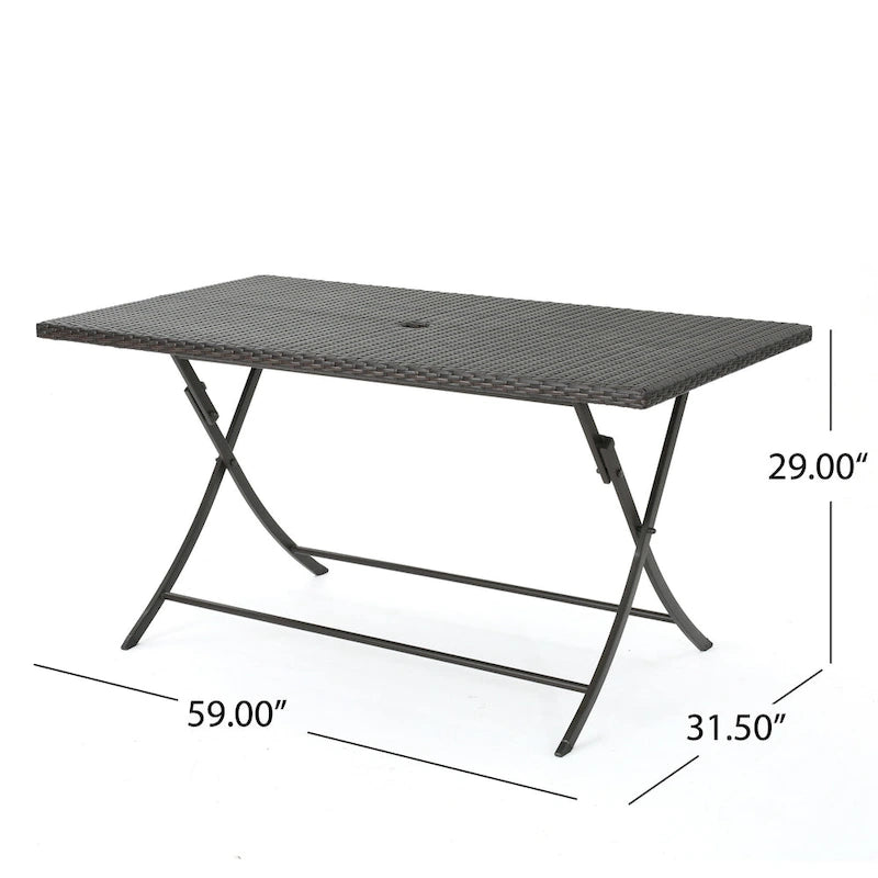 Table de salle à manger rectangulaire pliante d'extérieur, 150 cm, en fer et résine tressée multicolore.