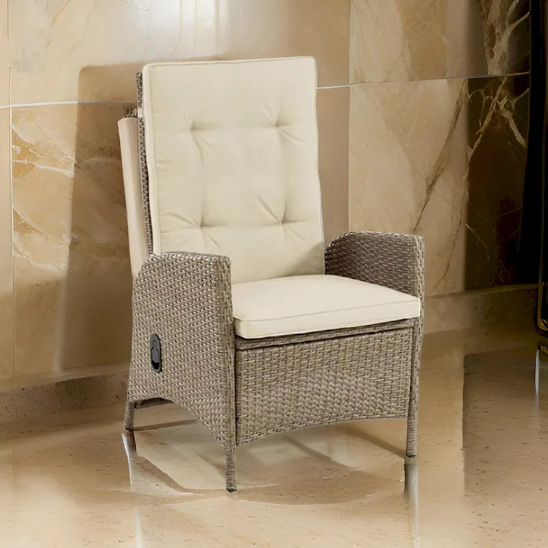 Ankia 25 Inch Outdoor Manual Reclining Chair, Set of 2, Brown Wicker, Beige