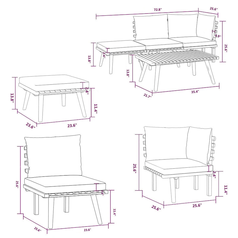 Ensemble canapé d'angle modulable d'extérieur Roma 4 pièces, table basse, repose-pieds, bois