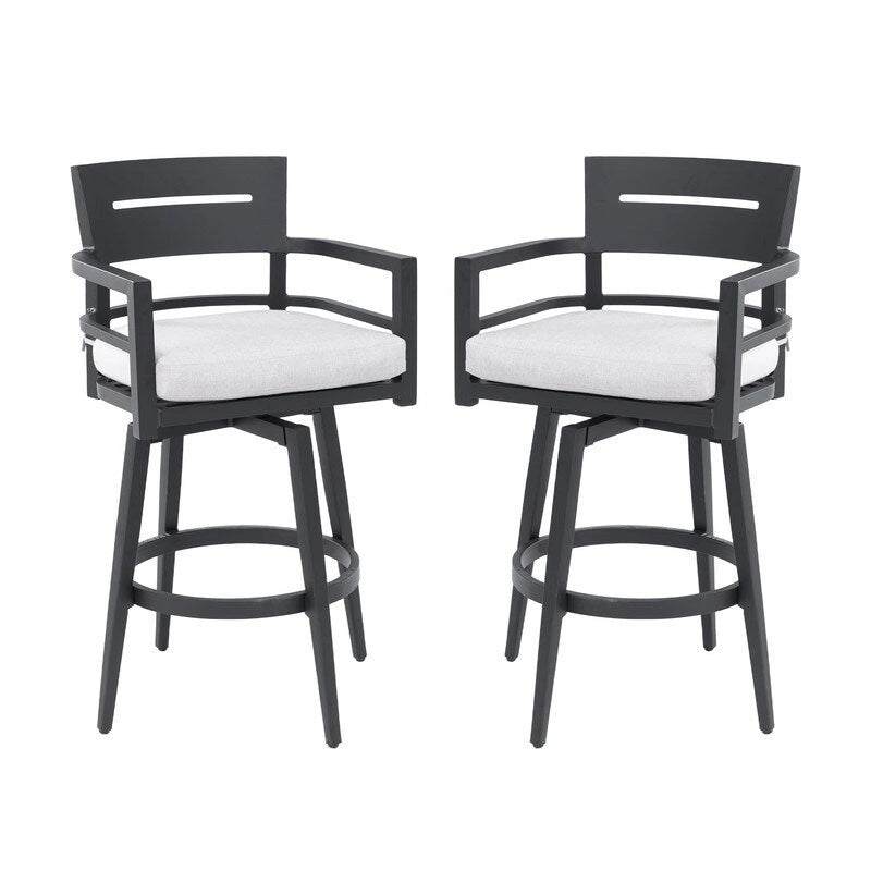 Ensemble de bar pivotant contemporain en 2 pièces, structure en aluminium noir braise, rotation à 360°, coussins Sunbrella résistants aux intempéries