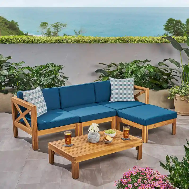 3 Piece Outdoor L-Shape Sofa Set, All-Weather Acacia Wood Conversation Furniture Set with Ottoman and Coffee Table