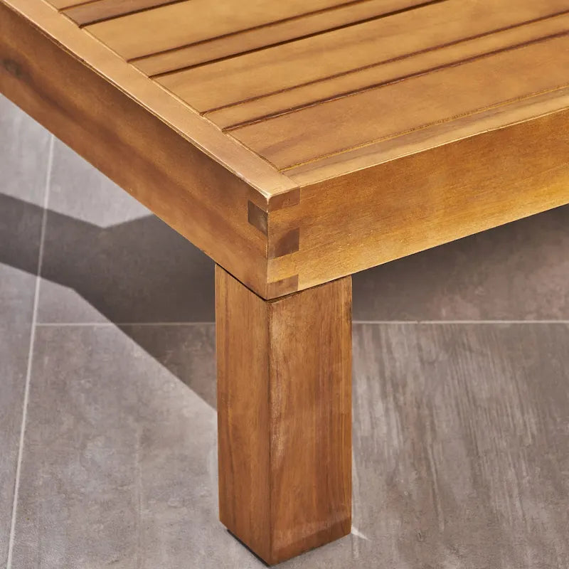 Ensemble de canapé d'extérieur en forme de L 3 pièces, ensemble de mobilier de conversation en bois d'acacia résistant aux intempéries avec pouf et table basse