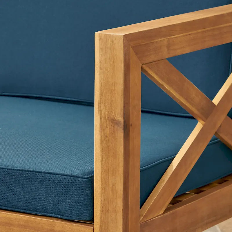 Ensemble de canapé d'extérieur en forme de L 3 pièces, ensemble de mobilier de conversation en bois d'acacia résistant aux intempéries avec pouf et table basse