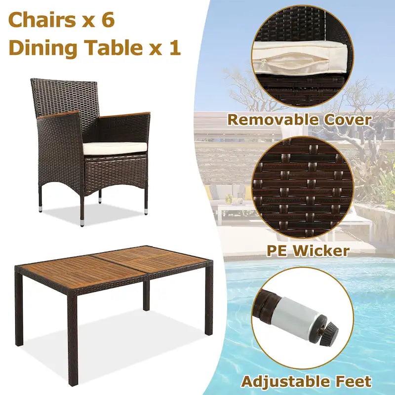 Ensemble de salle à manger d'extérieur 7 pièces, table à manger en osier avec plateau en bois, ensemble de conversation pour patio avec coussins moelleux
