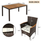 Ensemble de salle à manger d'extérieur 7 pièces, table à manger en osier avec plateau en bois, ensemble de conversation pour patio avec coussins moelleux