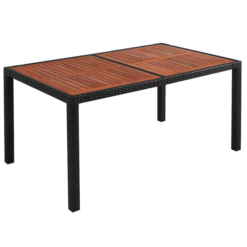 Ensemble de salle à manger d'extérieur 7 pièces, table à manger en osier avec plateau en bois, ensemble de conversation pour patio avec coussins moelleux