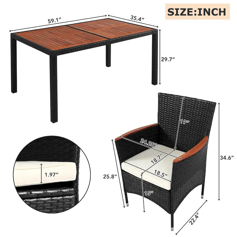 Ensemble de salle à manger d'extérieur 7 pièces, table à manger en osier avec plateau en bois, ensemble de conversation pour patio avec coussins moelleux