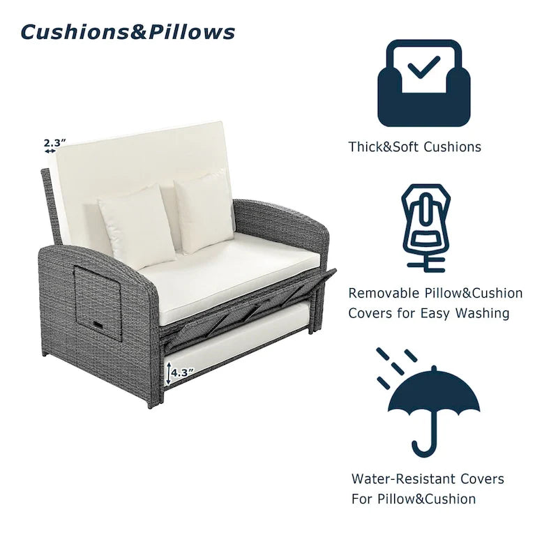 Ensemble de jardin double en résine tressée PE, résistant aux intempéries, avec dossier réglable.