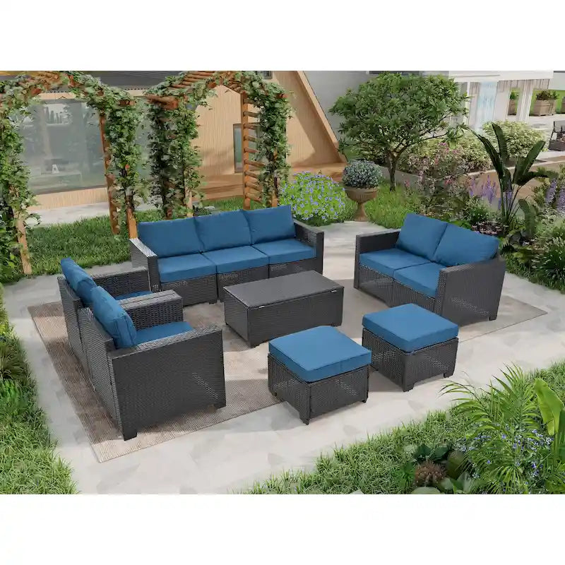Ensemble de mobilier de jardin 10 pièces, canapé d'angle en rotin pour terrasse, ensemble de conversation résistant aux intempéries avec coussins et table basse