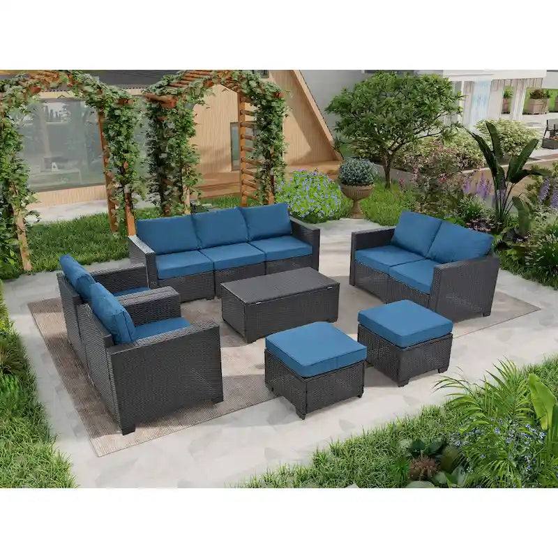 10 Piece Outdoor Furniture Set, Patio Rattan Sectional Sofa Set, All-Weather Conversation Set with Cushions and Coffee Table