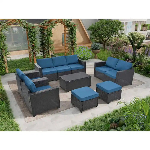 10 Piece Outdoor Furniture Set, Patio Rattan Sectional Sofa Set, All-Weather Conversation Set with Cushions and Coffee Table