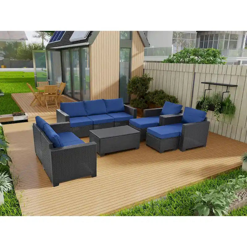 Ensemble de mobilier de jardin 10 pièces, canapé d'angle en rotin pour terrasse, ensemble de conversation résistant aux intempéries avec coussins et table basse
