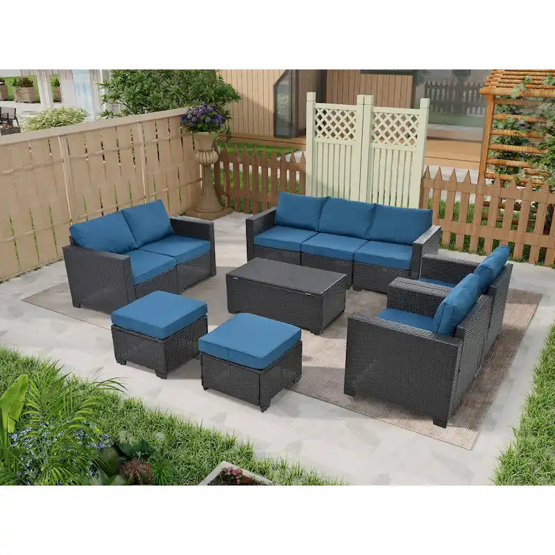 Ensemble de mobilier de jardin 10 pièces, canapé d'angle en rotin pour terrasse, ensemble de conversation résistant aux intempéries avec coussins et table basse