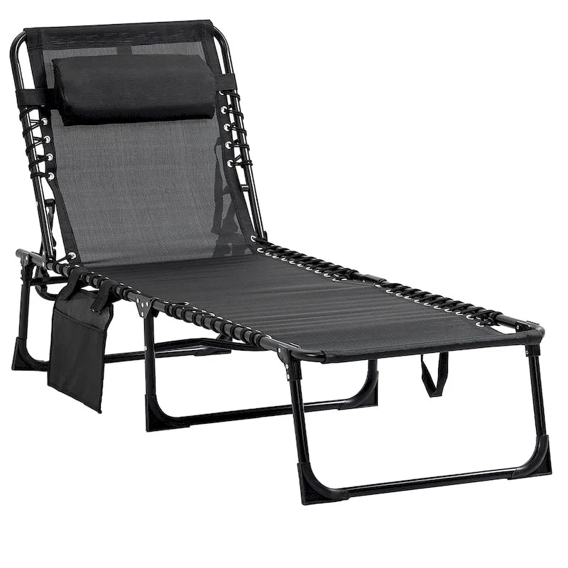Chaise longue inclinable Outsunny, transat portable, lit de camp pliant avec dossier réglable et oreiller amovible