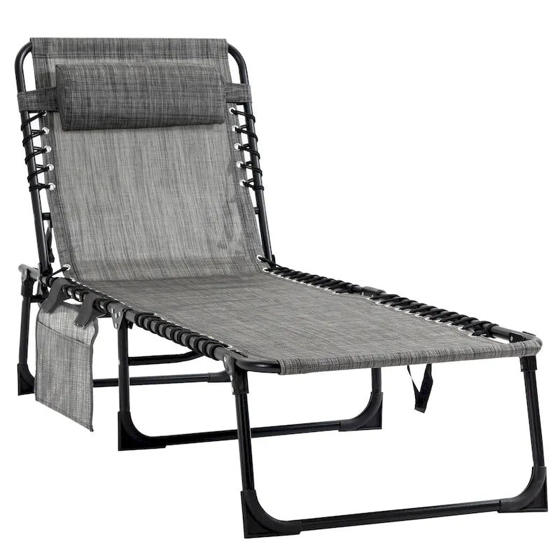 Chaise longue inclinable Outsunny, transat portable, lit de camp pliant avec dossier réglable et oreiller amovible