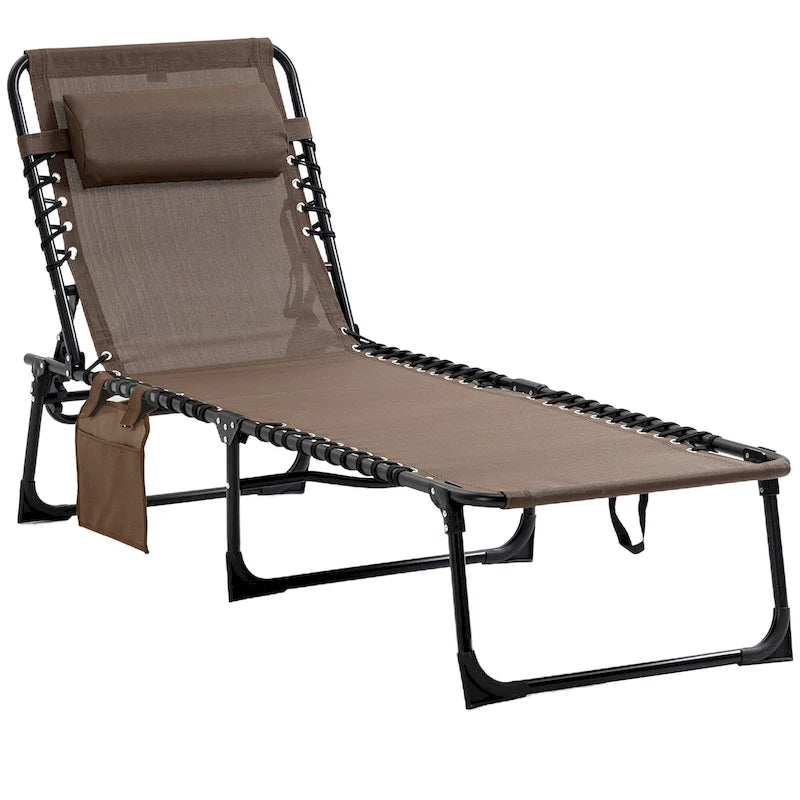 Chaise longue inclinable Outsunny, transat portable, lit de camp pliant avec dossier réglable et oreiller amovible