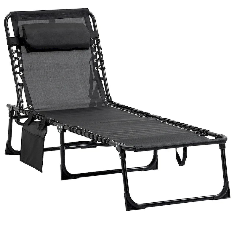 Outsunny Reclining Chaise, Portable Sun Lounger, Folding Camping Cot with Adjustable Backrest and Removable Pillow
