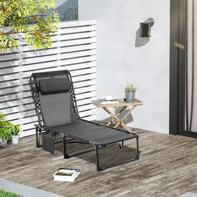 Chaise longue inclinable Outsunny, transat portable, lit de camp pliant avec dossier réglable et oreiller amovible