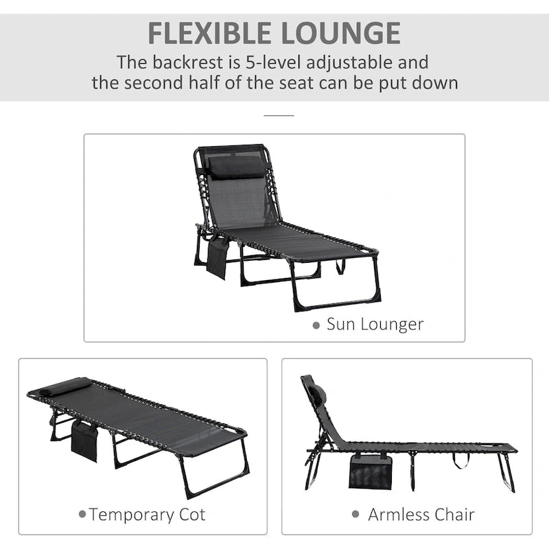 Chaise longue inclinable Outsunny, transat portable, lit de camp pliant avec dossier réglable et oreiller amovible