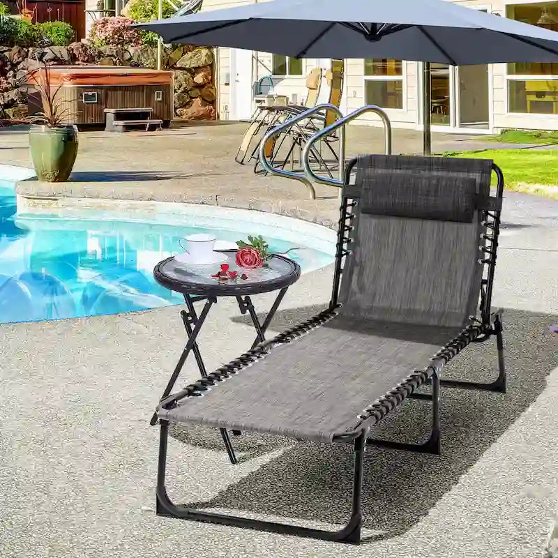Chaise longue inclinable Outsunny, transat portable, lit de camp pliant avec dossier réglable et oreiller amovible