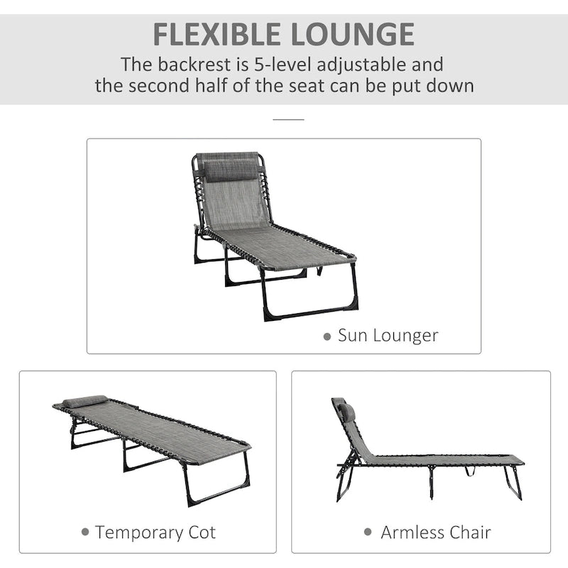 Chaise longue inclinable Outsunny, transat portable, lit de camp pliant avec dossier réglable et oreiller amovible