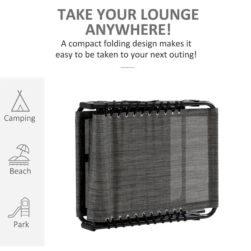 Chaise longue inclinable Outsunny, transat portable, lit de camp pliant avec dossier réglable et oreiller amovible