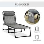 Chaise longue inclinable Outsunny, transat portable, lit de camp pliant avec dossier réglable et oreiller amovible