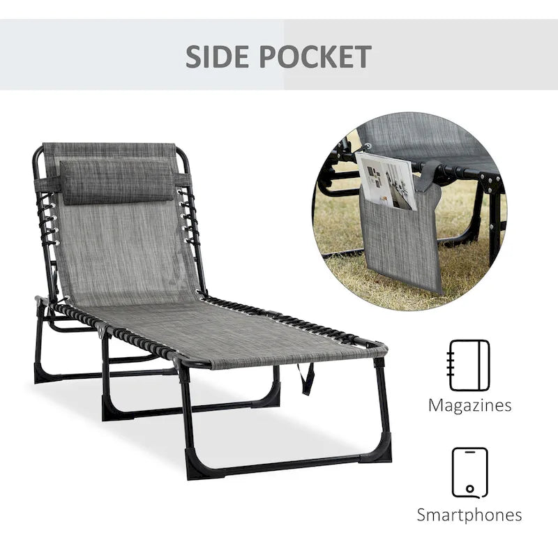 Chaise longue inclinable Outsunny, transat portable, lit de camp pliant avec dossier réglable et oreiller amovible