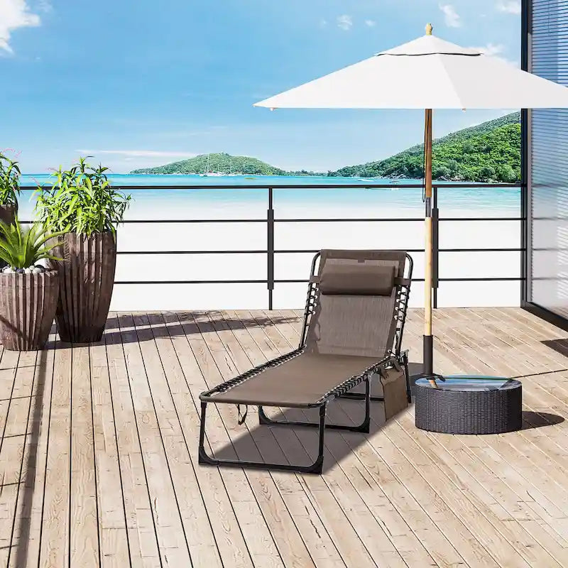 Chaise longue inclinable Outsunny, transat portable, lit de camp pliant avec dossier réglable et oreiller amovible