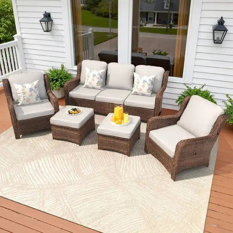 5-piece Patio Furniture High Back Conversation Set with Beige Cushions