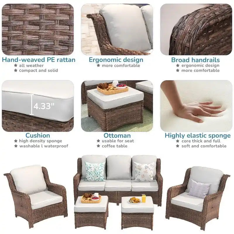 Ensemble de conversation 5 pièces pour patio avec dossier haut et coussins beiges