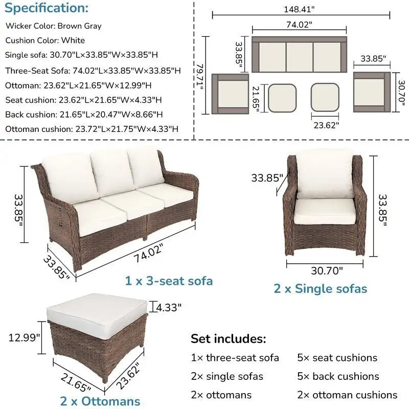 Ensemble de conversation 5 pièces pour patio avec dossier haut et coussins beiges